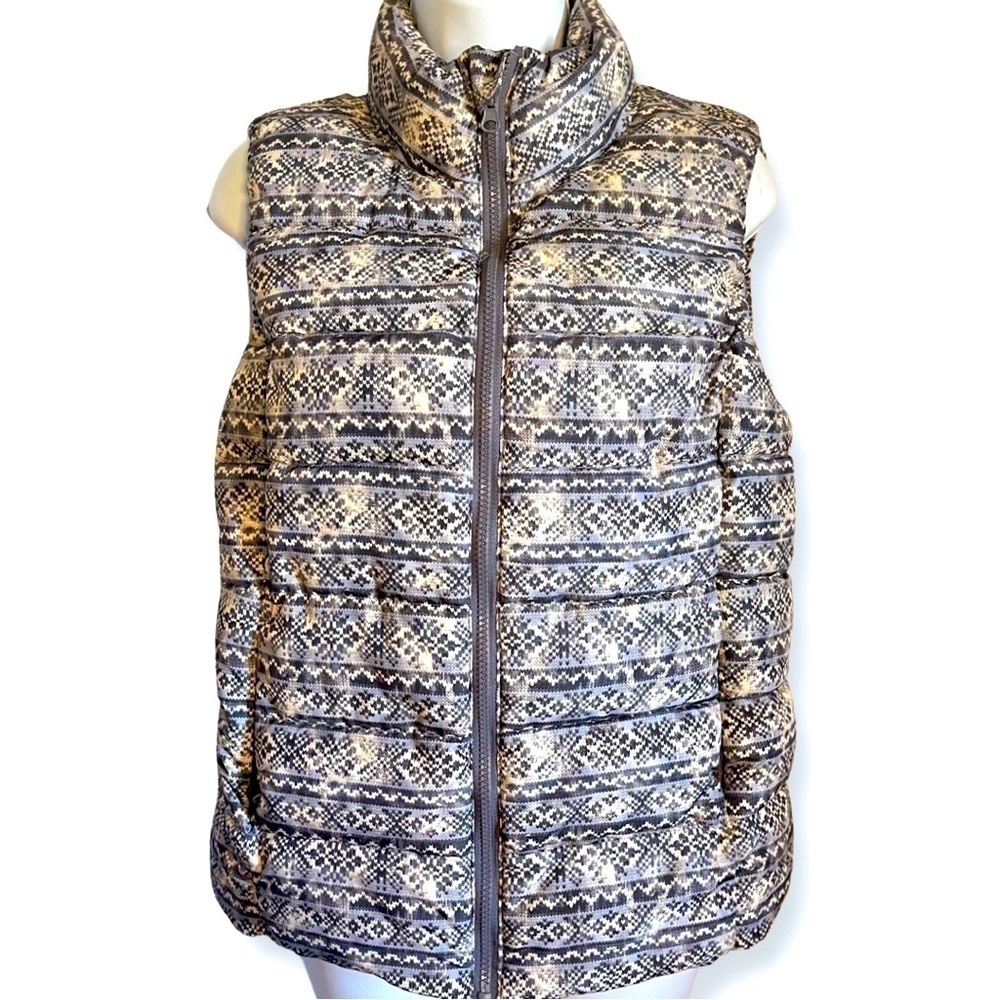 RUFF Hewn Women's Fair Isle Gray Print Puffer Vest Size Medium